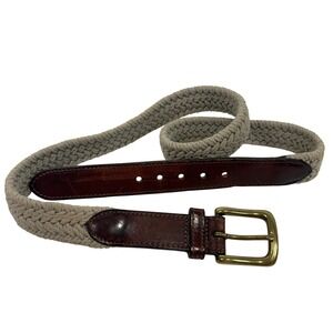 Vintage Eddie Bauer Belt USA Made Woven Leather Brown Beige Solid Brass Buckle